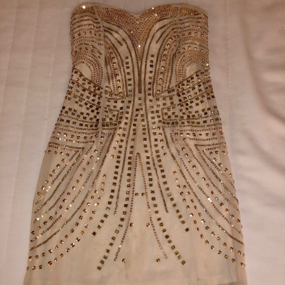 Gold beaded strapless dress
